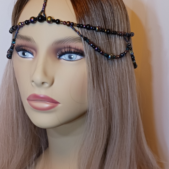 Accessories - Beaded Headpiece Black glass beads, multi-colored coated glass beads.
